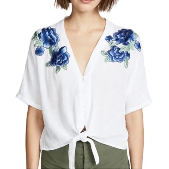 Rails Thea Embroidered Tie Front Crop Top Women Sz M Cottage Core Costal Casual - Picture 1 of 8